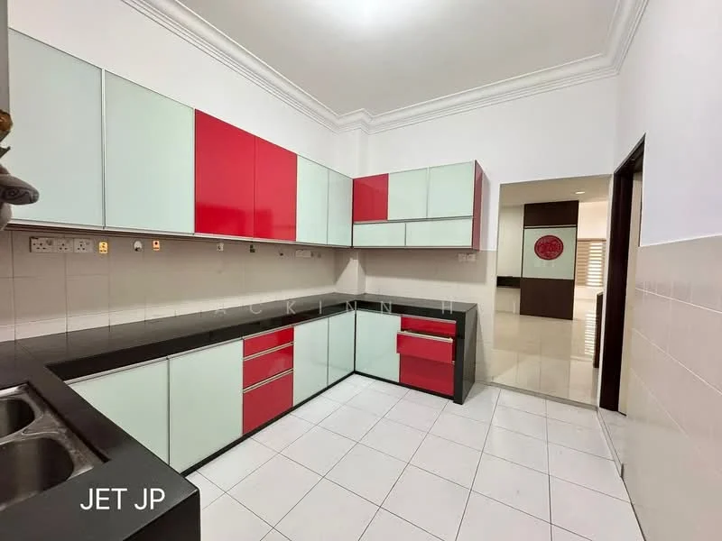 Kitchen features: red and white cabinetry, black countertop, double-bowl stainless-steel sink, chrome pull-down faucet, ceramic tile flooring, white tiled walls, recessed lighting, crown moulding; style: modern.