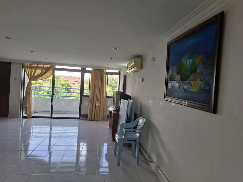 Living features: white painted walls, glossy tile flooring, large sliding glass door, floor-to-ceiling windows, curtains in yellow, air conditioning unit, framed artwork on wall, light fixtures in ceiling; style: modern; view: garden.