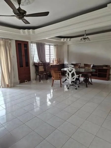 Living features: white painted walls, tray ceiling with crown moulding, polished ceramic tile flooring, 5-blade ceiling fan, large windows with sheer curtains, wooden dining table, upholstered dining chairs, wooden sideboards, office chair, natural light from windows; style: modern.