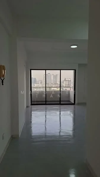 Room features: white painted walls, polished concrete flooring, floor-to-ceiling windows, city skyline view, recessed downlights, open layout; style: modern; view: city.