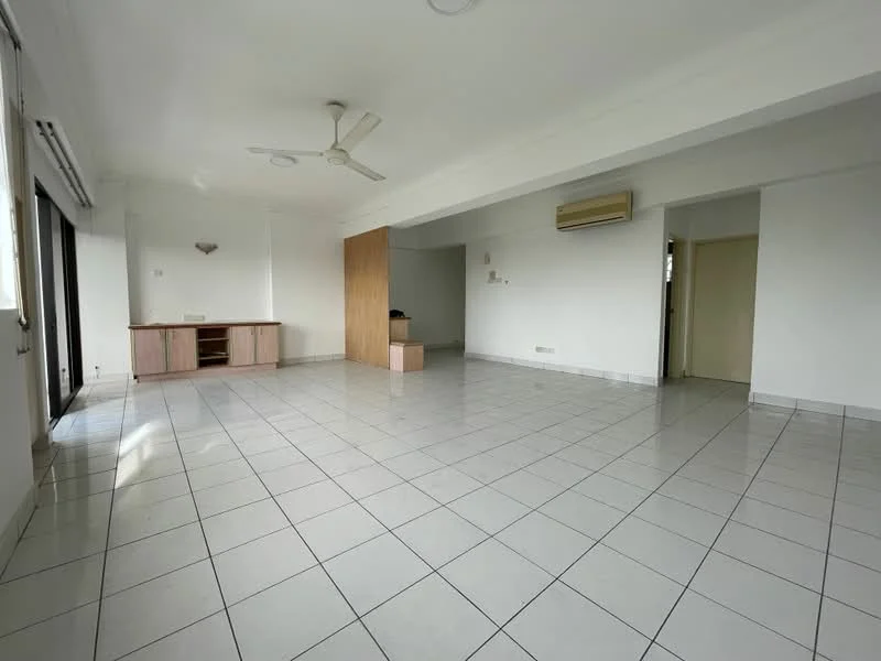Living features: white painted walls, tile flooring, 5-blade ceiling fan, wall-mounted air conditioning unit, large windows for natural light, built-in wooden cabinet, neutral color scheme, open layout; style: modern.