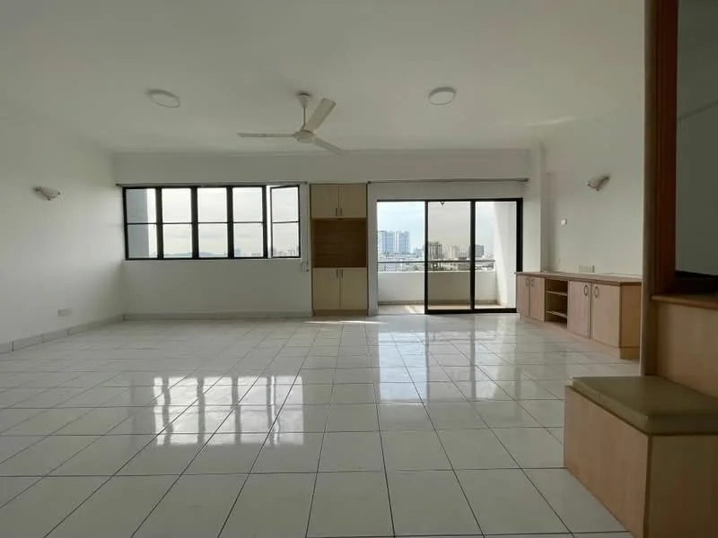 Living features: white painted walls, glossy white tile flooring, 5-blade ceiling fan, floor-to-ceiling windows, sliding glass door, built-in cabinetry, natural light from windows, city view from windows, recessed ceiling lights, neutral color scheme, open layout; style: modern; view: city.