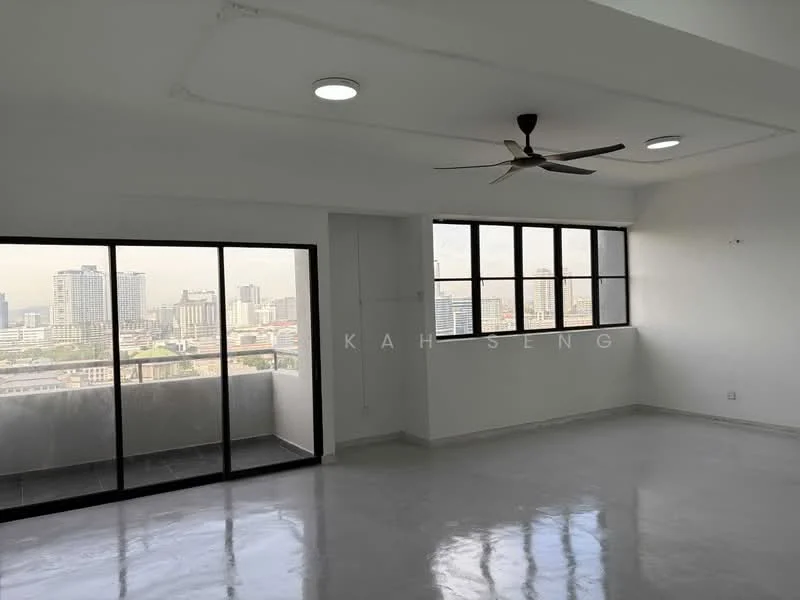 Living features: floor-to-ceiling windows, sliding glass door, 5-blade ceiling fan with light, white painted walls, polished concrete flooring, city view, recessed downlights; style: modern; view: city.