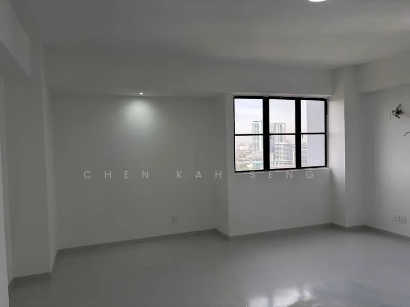 Room features: white painted walls, grey flooring, floor-to-ceiling windows, natural light, recessed downlights, corner window, city view, no visible furniture; style: modern; view: city.