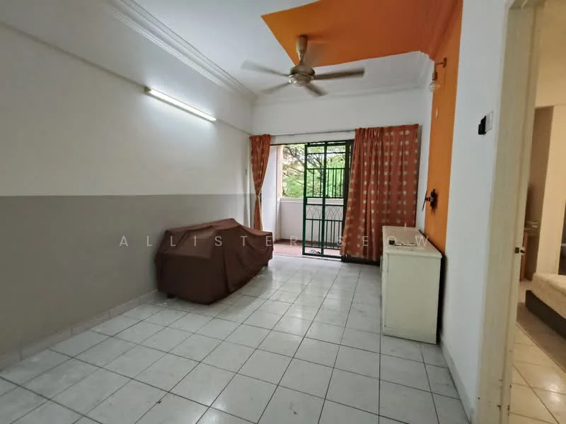 Living features: white painted walls, orange accent wall, tiled flooring, ceiling fan, curtains in orange and white pattern, sliding glass door, balcony access, sofa covered with brown fabric, small white cabinet; view: garden.