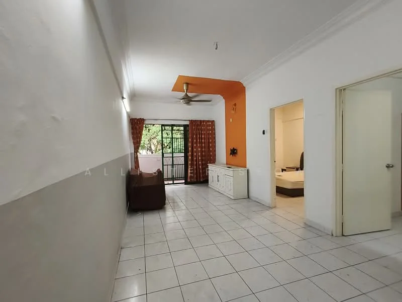 Living features: white painted walls, cream tiled flooring, 5-blade ceiling fan, large window with view to balcony, brown fabric sofa, white console cabinet, orange accent wall, curtains in brown, doorway leading to bedroom, doorway leading to bathroom; style: minimalist; view: garden.