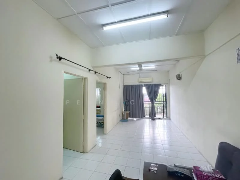 Room features: white painted walls, white tiled flooring, ceiling with fluorescent lighting, window with sheer curtains, doorway leading to another room, open layout, air conditioning unit, balcony door, furniture including a table and chairs; style: minimalist; view: city.