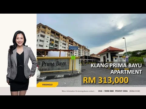 Exterior type: low-rise apartment block; features: cream painted facade, red tiled roof, entrance sign with 'Prima Bayu', surrounding greenery, multiple storeys, balconies on upper floors, parking area visible, gated entry, cloudy sky in background; style: modern.