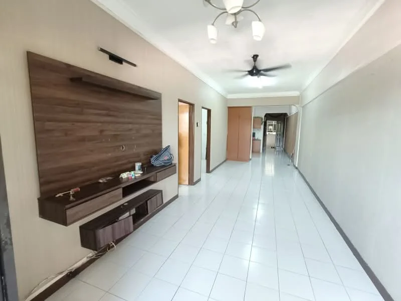 Room features: white painted walls, glossy white tile flooring, ceiling fan, 5-blade ceiling fan with light, wooden feature wall with TV console, doorway leading to other rooms, open hallway, recessed lighting; style: modern.