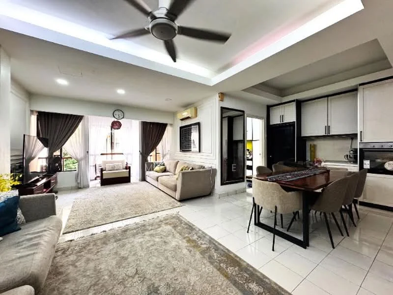 Living features: 5-blade ceiling fan with integrated LED light, cream painted walls, white tiled flooring, floor-to-ceiling windows with sheer curtains, sofa in light grey fabric, coffee table, area rug with geometric pattern, wall-mounted TV, decorative wall clock, dining table with upholstered chairs, kitchen island with bar stools; style: modern; view: garden. Kitchen features: white cabinetry, stainless-steel appliances, granite countertop, built-in oven, freestanding range oven, microwave, double-bowl stainless-steel sink, chrome pull-down faucet; style: modern.