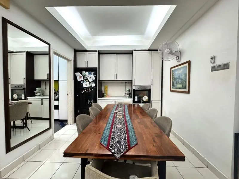 Dining features: wooden dining table, upholstered dining chairs, ceiling with recessed lighting, white painted walls, mirror on wall, kitchen cabinetry, black refrigerator, decorative wall art, table runner with geometric pattern, floor tiles, ceiling fan; style: modern.