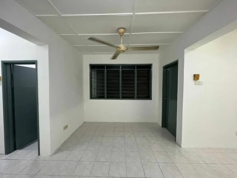 Room features: white painted walls, ceiling fan, tiled flooring, large window, doorway to adjacent room, door to another room, neutral color scheme, no visible furniture; style: minimalist.