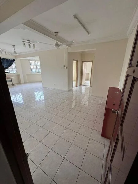 Room features: white painted walls, glossy ceramic tile flooring, recessed downlights, ceiling fan, large windows, doorway leading to another room, open layout, neutral color scheme; style: modern.