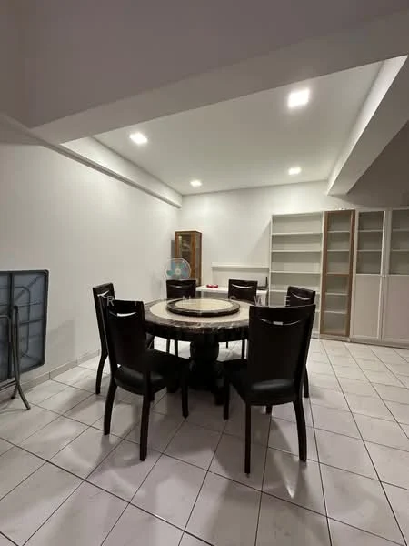 Dining features: round dining table with marble top, 6 upholstered dining chairs, white painted walls, tile flooring, recessed LED downlights, built-in shelving units, ceiling fan, decorative cabinet, corner with folding table; style: modern.