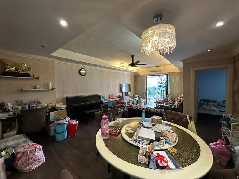 Living features: chandelier, 5-blade ceiling fan, dark wood flooring, cream painted walls, decorative wall paneling, large windows with view, sofa with patterned upholstery, round dining table, black piano, various storage bins, decorative items on shelves, area rug; style: contemporary; view: city.