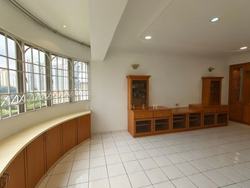 Living features: curved built-in wooden cabinetry, white painted walls, white tiled flooring, large windows with metal grilles, natural light from windows, recessed ceiling lights, open layout, view of city skyline; style: contemporary; view: city.