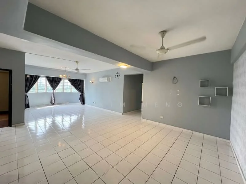 Living features: white painted walls, grey accent wall, glossy white tile flooring, 5-blade ceiling fan with light, recessed downlights, floor-to-ceiling windows, blackout curtains, decorative wall shelves, air conditioning unit; style: modern. Room features: white painted walls, grey accent wall, glossy white tile flooring, 5-blade ceiling fan with light, recessed downlights, floor-to-ceiling windows, blackout curtains, decorative wall shelves, air conditioning unit.