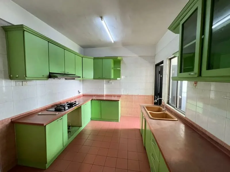 Kitchen features: green cabinetry, laminate countertop, single-bowl sink, chrome faucet, gas stove with 2 burners, white tiled walls, red tiled backsplash, red tiled flooring, window with black frame, overhead fluorescent lighting.