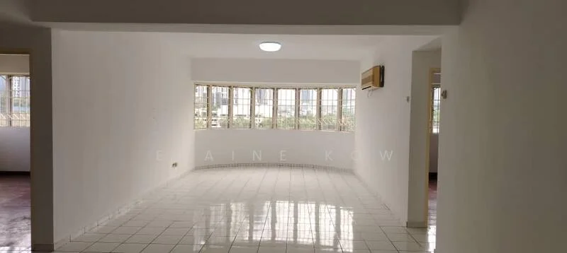 Room features: white painted walls, glossy white tile flooring, ceiling light fixture, multiple windows, air conditioning unit, open layout, natural light, corner windows; style: modern; view: city.