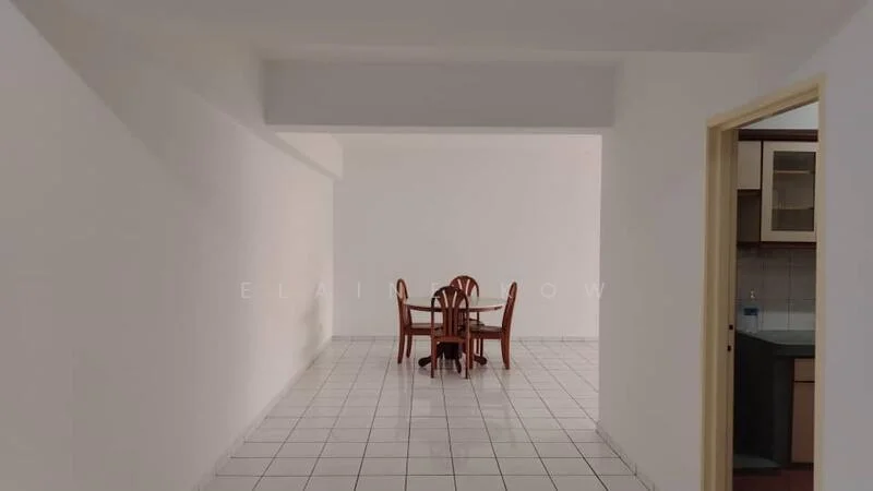 Dining features: white painted walls, ceramic tile flooring, 4-seater wooden dining table, wooden dining chairs, open layout to kitchen, natural light from adjacent room, neutral color scheme; style: minimalist. Room features: white painted walls, ceramic tile flooring, open layout, doorway leading to kitchen.