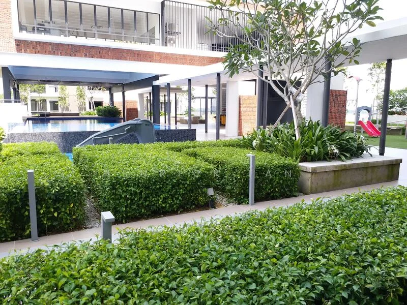 Exterior type: swimming pool deck; features: infinity pool, landscaped garden with hedges, manicured lawn, sliding playground, covered seating area, paved walkway, decorative plants, modern architecture, open-air design; style: modern.