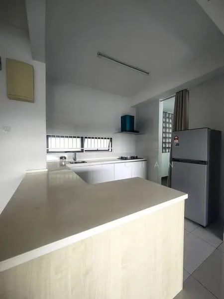 Kitchen features: white cabinetry, light-colored countertop, stainless-steel fridge, built-in gas hob, single-bowl stainless-steel sink, window with grill, tile flooring, recessed ceiling lights; style: modern.