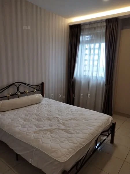 Bedroom features: queen-size bed, white quilted mattress cover, striped wallpaper in light tones, floor-to-ceiling window, sheer curtains, dark brown curtains, tile flooring, recessed lighting, decorative headboard; style: modern; view: city.