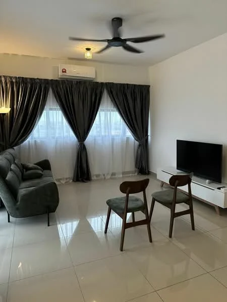 Living features: 3-seater fabric sofa in grey, 2 wooden chairs, wall-mounted TV, white TV console, floor-to-ceiling windows, sheer curtains, dark grey curtains, recessed downlights, ceiling fan, glossy tile flooring, air conditioning unit; style: modern.