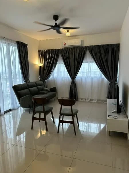 Living features: 3-seater fabric sofa in grey, 2 wooden chairs, white TV console, wall-mounted TV, floor-to-ceiling windows, sheer curtains, blackout curtains, recessed downlights, ceiling fan, polished tile flooring, light-colored walls, decorative floor lamp; style: modern; view: city.