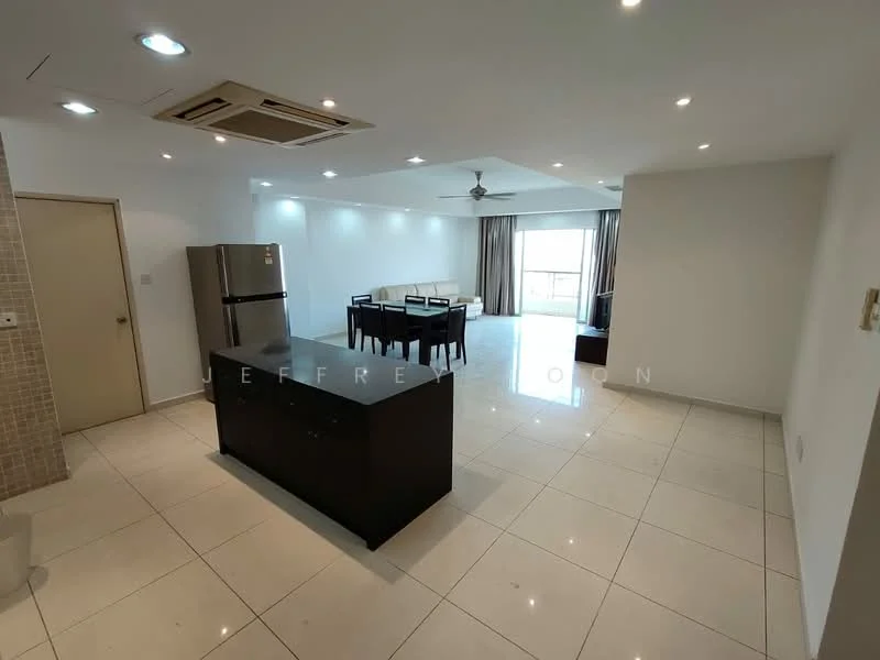Kitchen features: stainless-steel fridge, black cabinetry, white tiled backsplash, white tiled flooring, recessed downlights, wall-mounted split AC; style: modern. Living features: white walls, white ceiling, 5-blade ceiling fan, large windows with curtains, dining table with 6 chairs, sofa set, tile flooring, recessed downlights; style: modern.