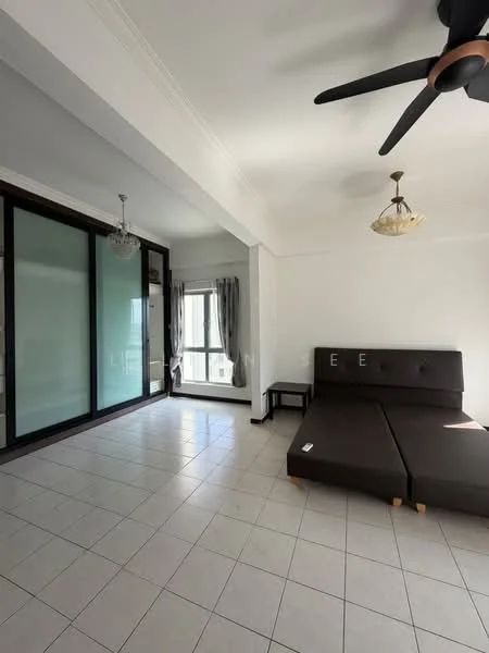 Living features: white painted walls, tile flooring, 5-blade ceiling fan, two pendant lights, floor-to-ceiling windows, curtains, black sofa bed, glass sliding door, small side table; style: modern; view: city.