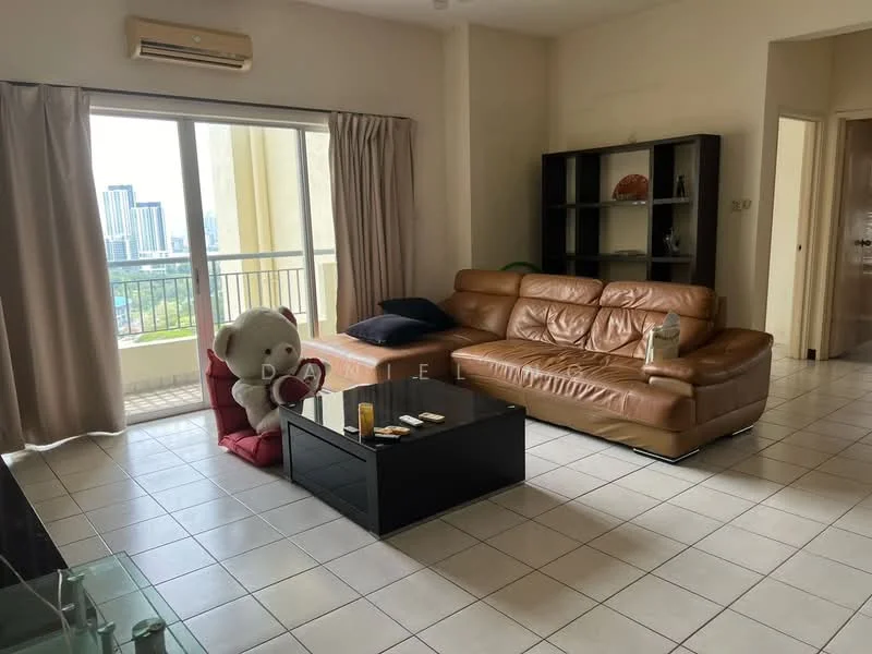 Living features: brown leather sectional sofa, black coffee table, large teddy bear, floor-to-ceiling windows, curtains, tile flooring, wall-mounted air conditioning unit, bookshelf, decorative items on coffee table, view of city skyline; style: modern; view: city.