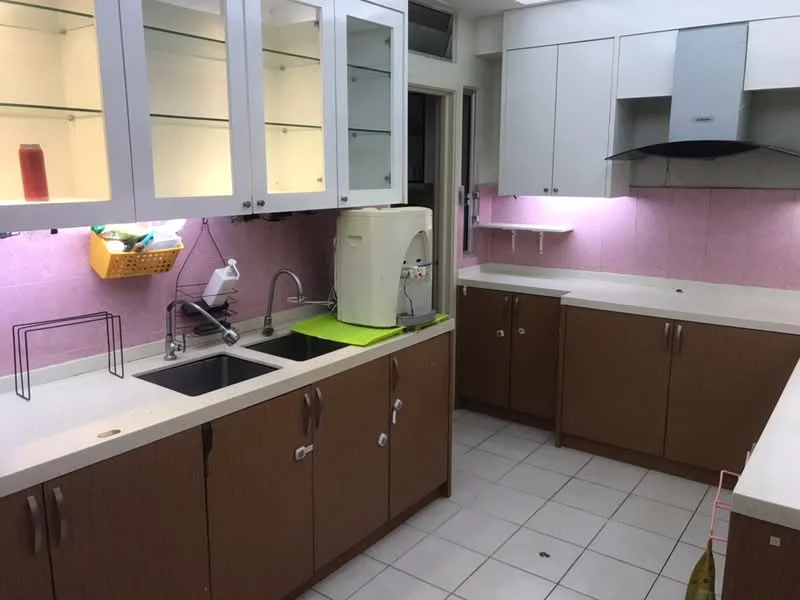 Kitchen features: double-bowl stainless-steel sink, chrome pull-down faucet, white quartz countertop, brown wooden cabinetry, glass-front upper cabinets, tile backsplash in pink, built-in range hood, white tiled flooring, under-cabinet lighting, open shelving, kitchen island with countertop, water dispenser; style: modern.