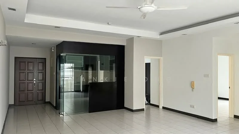 Room features: white painted walls, light grey ceiling, ceramic tile flooring, 5-blade ceiling fan, glass partition wall, door with panel design, multiple doorways, neutral color scheme; style: modern.