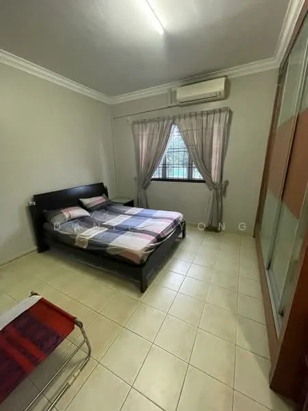 Bedroom features: queen-size bed with patterned bedding, wooden bed frame, built-in wardrobe with sliding doors, floor-to-ceiling window, sheer curtains, air conditioning unit, cream painted walls, tile flooring, ceiling light fixture; style: modern.