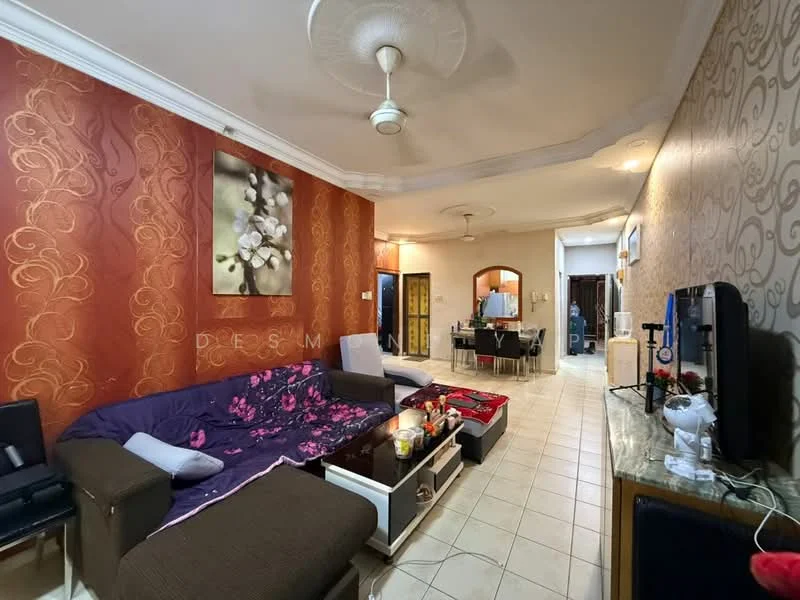 Living features: red accent wall with floral pattern, cream wallpaper with swirl pattern, tile flooring, 5-blade ceiling fan, sofa with floral throw, coffee table, TV console, wall-mounted TV, decorative artwork, dining area visible in background, open layout to dining area, natural light from doorway; style: contemporary.