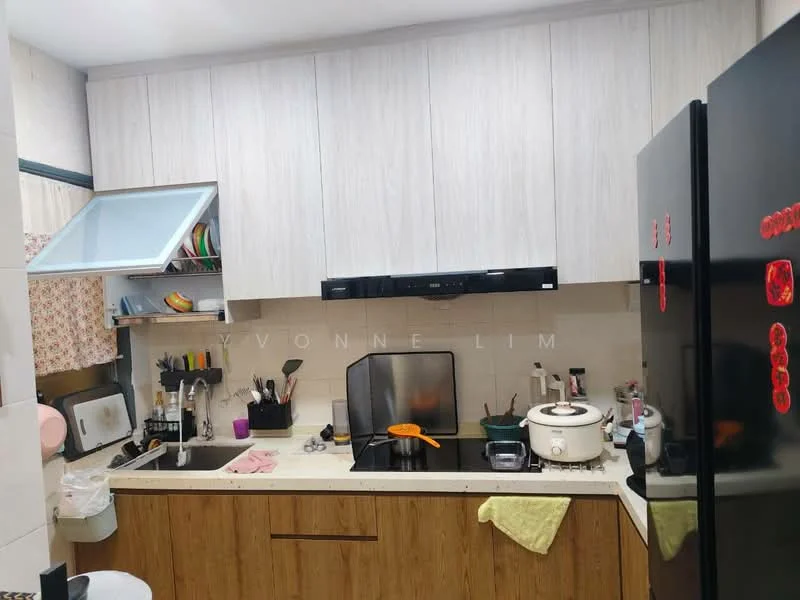Kitchen features: light wood cabinetry, white countertop, black built-in stove, black range hood, stainless-steel refrigerator, white ceramic sink, kitchen utensils on shelves, cooking appliances on countertop, dish rack, tiled backsplash, yellow dishcloth, wooden base cabinets; style: modern.