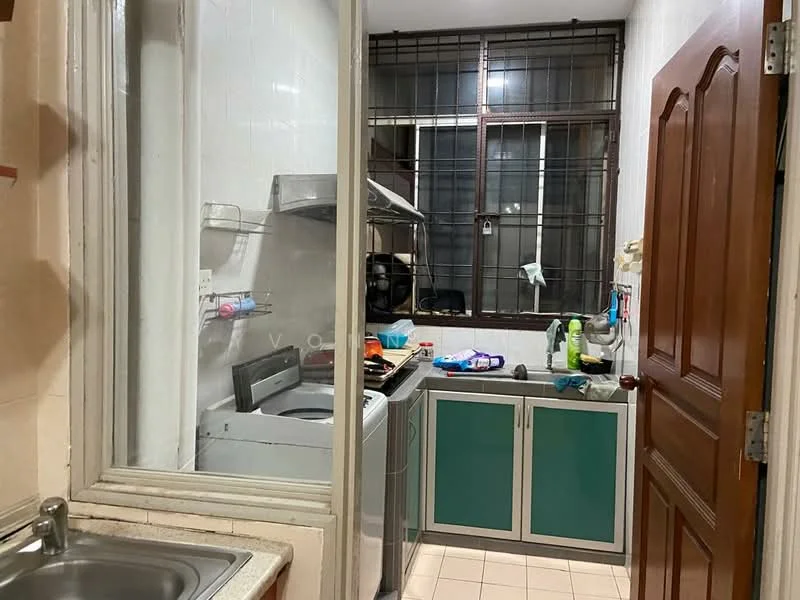 Kitchen features: single-bowl stainless-steel sink, chrome pull-down faucet, built-in oven, freestanding range oven, stainless-steel range hood, green cabinetry, tile backsplash, countertop with space for appliances, window with security grille, washing machine, ceramic tile flooring.