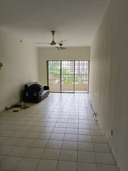 Living features: white painted walls, ceramic tile flooring, 5-blade ceiling fan, sliding glass door, floor-to-ceiling windows, balcony view, black leather sofa, decorative wall light; view: garden.