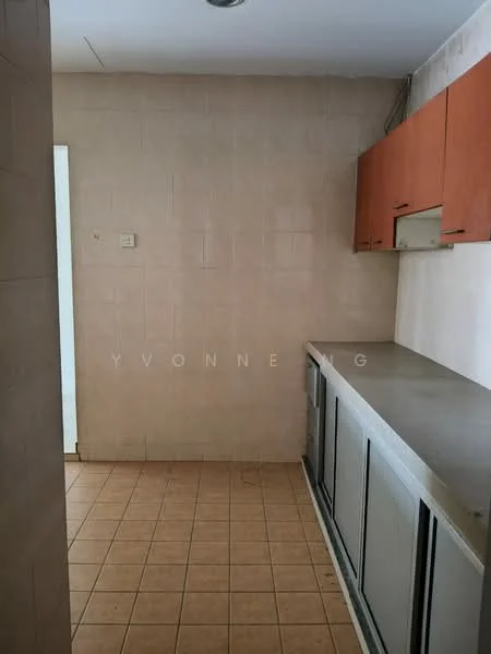 Kitchen features: light beige tiled walls, beige tiled flooring, wood cabinetry in orange finish, stainless-steel countertop, double-basin sink, built-in cabinets, wall-mounted cabinet above countertop, no visible appliances.