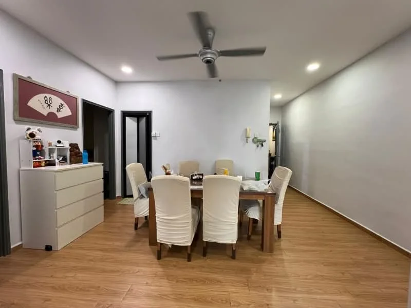 Dining features: wooden flooring, white painted walls, 5-blade ceiling fan with light, dining table with 6 chairs, sideboard cabinet, green decorative wall, recessed ceiling lights, doorway leading to hallway; style: modern. Room features: white painted walls, wooden flooring, doorway leading to another room.