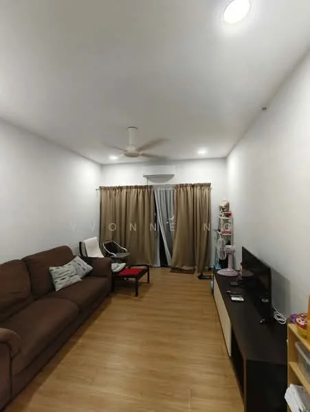 Living features: brown fabric sofa, black TV console, wall-mounted TV, wooden flooring, white painted walls, ceiling fan, curtains, decorative chair, area rug; style: modern.