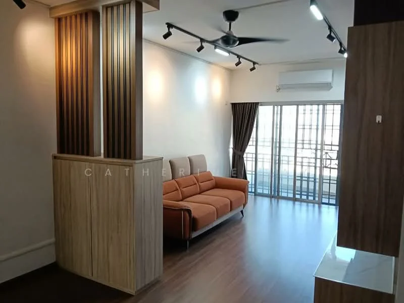Living features: 3-seater fabric sofa in orange, wooden feature wall with vertical slats, laminate flooring, ceiling fan, recessed LED downlights, floor-to-ceiling windows, curtains, air conditioning unit, TV console, decorative wall panel; style: modern.
