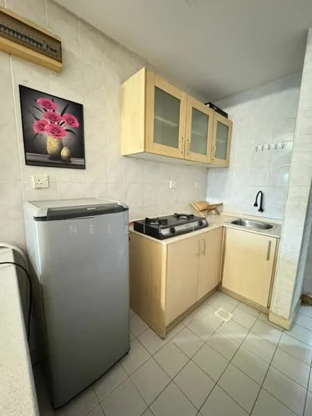 Kitchen features: light wood cabinetry, stainless-steel sink, chrome faucet, 2-burner gas stove, refrigerator, white tiled walls, white tiled flooring, wall-mounted shelving, framed artwork with flowers; style: modern.