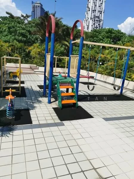 Exterior type: landscape garden; features: children's playground, swings, climbing structure, rubber safety flooring, manicured landscaping, surrounding greenery, city skyline in background; style: modern.