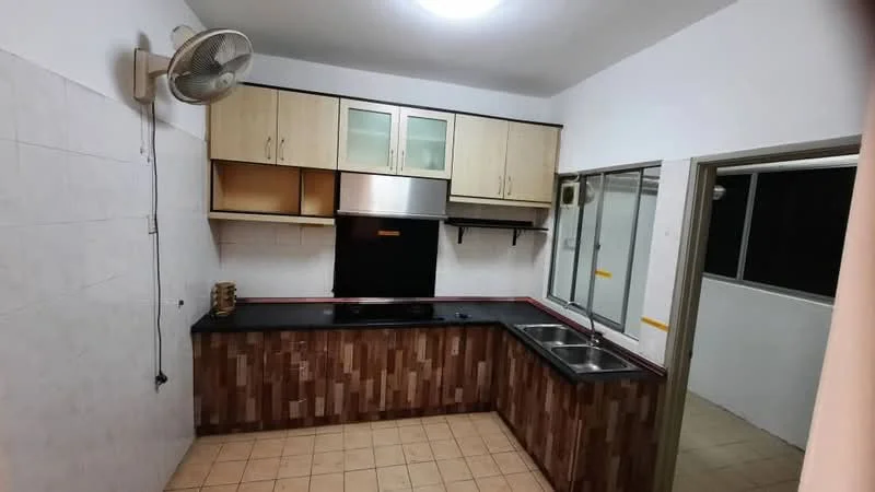 Kitchen features: black countertop, wood cabinetry with glass-front upper cabinets, stainless-steel range hood, 4-burner gas hob, single-bowl stainless-steel sink, wall-mounted fan, tile backsplash, ceramic tile flooring, window with sliding glass, open layout to adjacent area; style: modern.