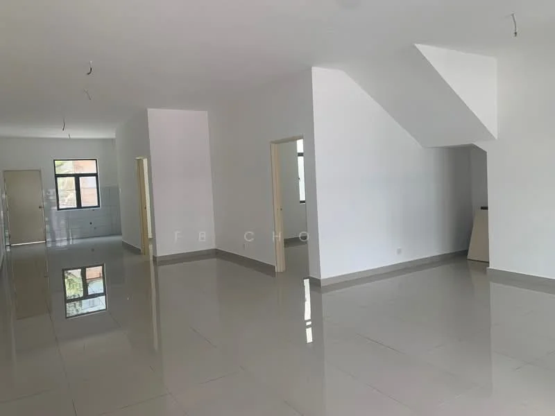 Room features: white painted walls, glossy ceramic tile flooring, multiple doorways, large windows, open layout, high ceiling, neutral color scheme, no visible furniture; style: modern.