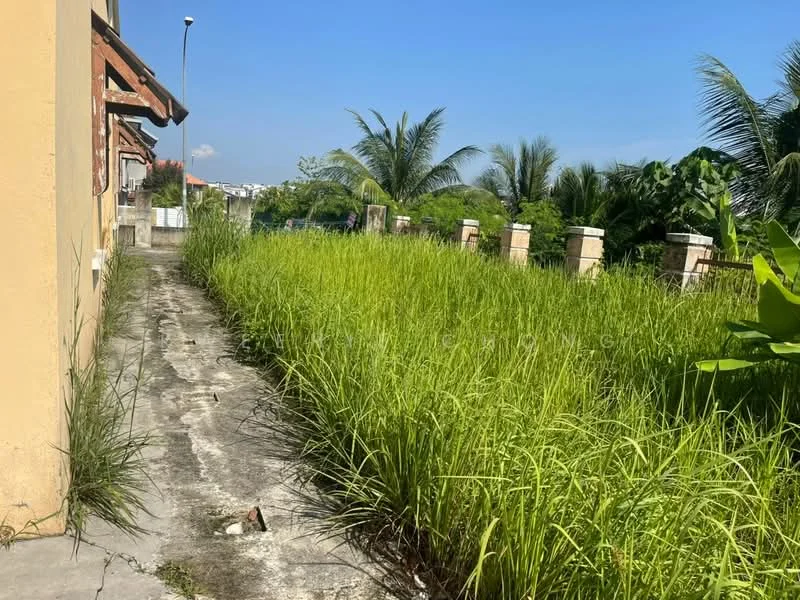 Exterior features: overgrown grass, concrete pathway, fence with pillars, tropical landscaping, palm trees, clear blue sky.
