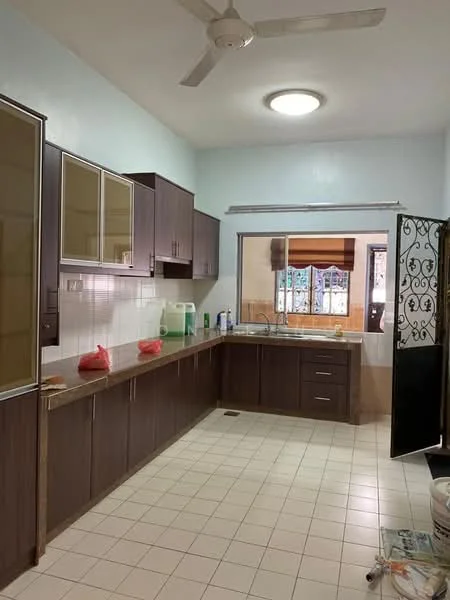 Kitchen features: brown wooden cabinetry, white tiled backsplash, granite countertop, single-bowl stainless-steel sink, chrome pull-down faucet, built-in oven, freestanding range oven, window with security grille, ceiling fan, recessed ceiling light, white painted walls, tile flooring; style: modern; view: garden.