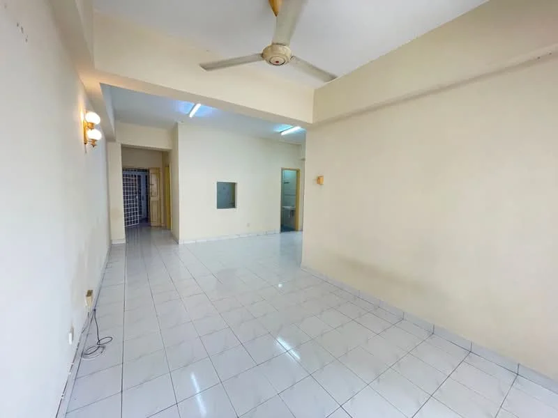 Living features: white painted walls, glossy white tile flooring, ceiling fan, wall-mounted light fixtures, open layout, large windows, neutral color scheme, no visible furniture; style: minimalist.